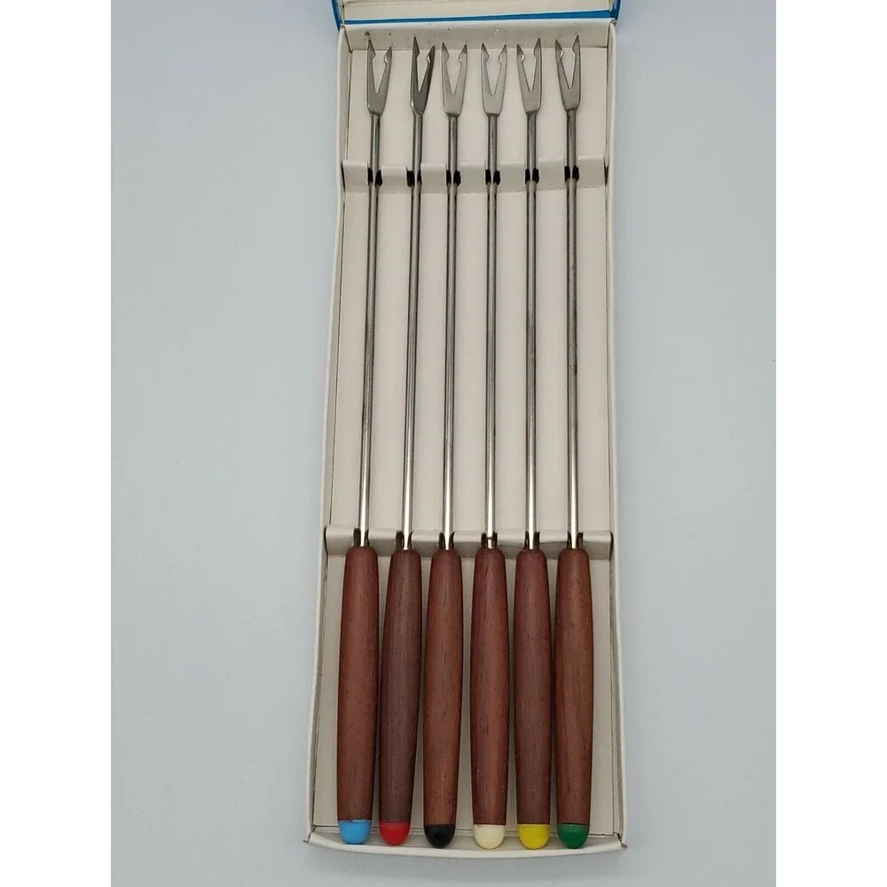 MCM Stainless Steel Japan Fondue Forks Color Coded Teak Wood Handles NIB 6 Piece